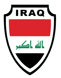 Escudo de la selección de fútbol de Irak con fondo blanco, rojo en la parte superior y negro en la parte inferior, con la inscripción 'Iraq' y la frase en árabe 'الله أكبر' en verde.